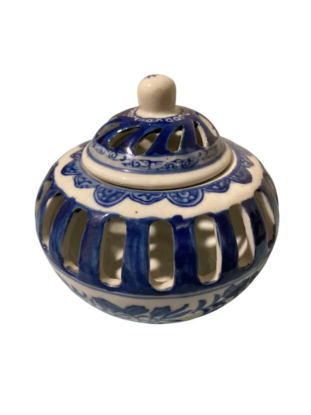 Vintage Blue and White Pierced Porcelain Chinoiserie Potpourri Vessel with Lid